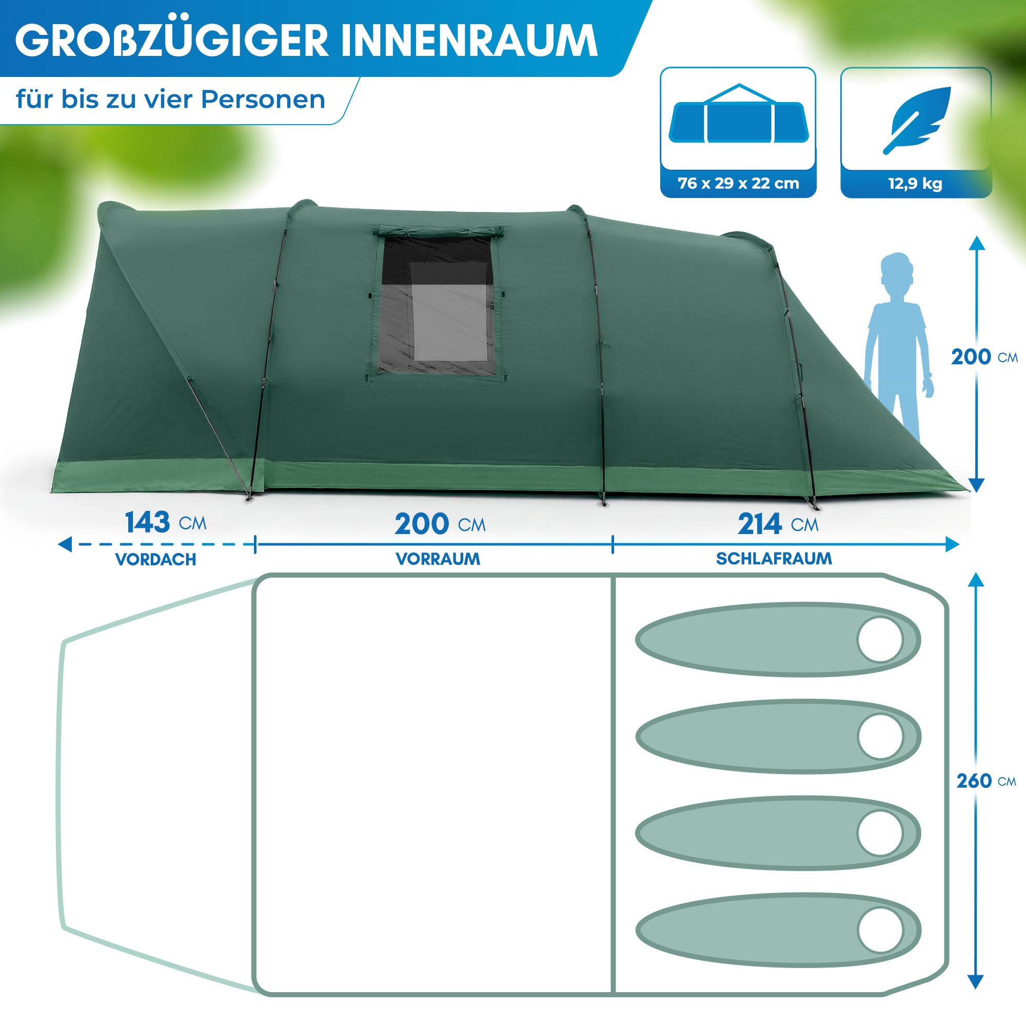 Nordmut Aakenu Tenda Tunnel 4 Persone Blu Campeggio